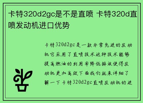 卡特320d2gc是不是直喷 卡特320d直喷发动机进口优势